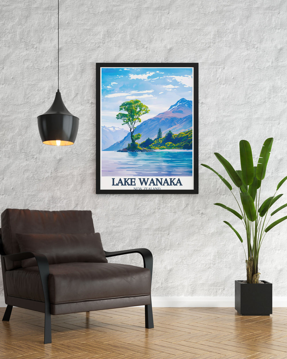 Elegant Lake Wanaka poster showcasing the tranquil lake wanaka tree in Mount Aspiring National Park Ideal New Zealand decor for those who love modern prints and wish to add a touch of nature to their living room or bedroom