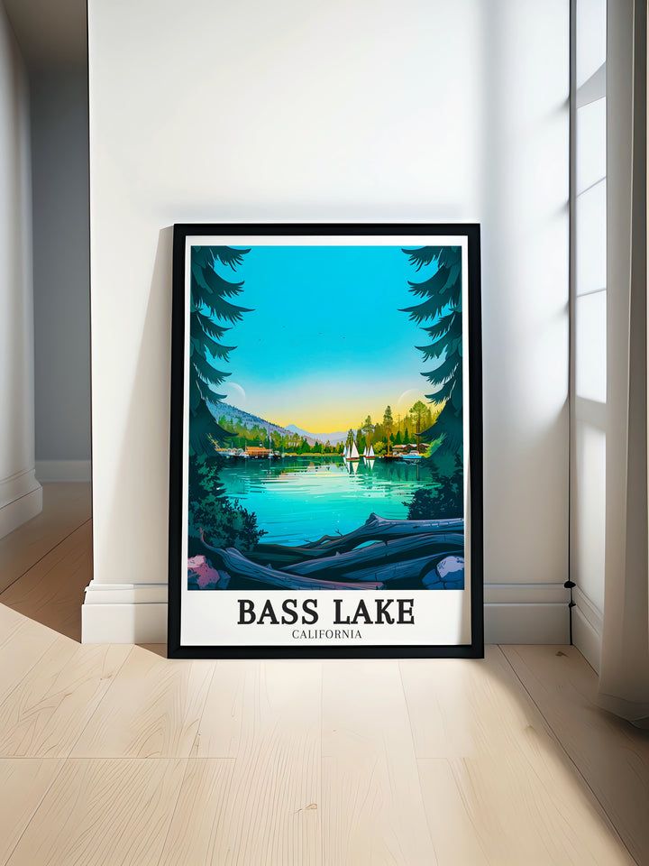 Bass Lake Travel Poster featuring the serene landscapes of The Pines Resort Sierra Nevada Mountains perfect for nature lovers and those who appreciate Yosemite California and Redwoods California an ideal addition to your home decor with this vintage travel print.