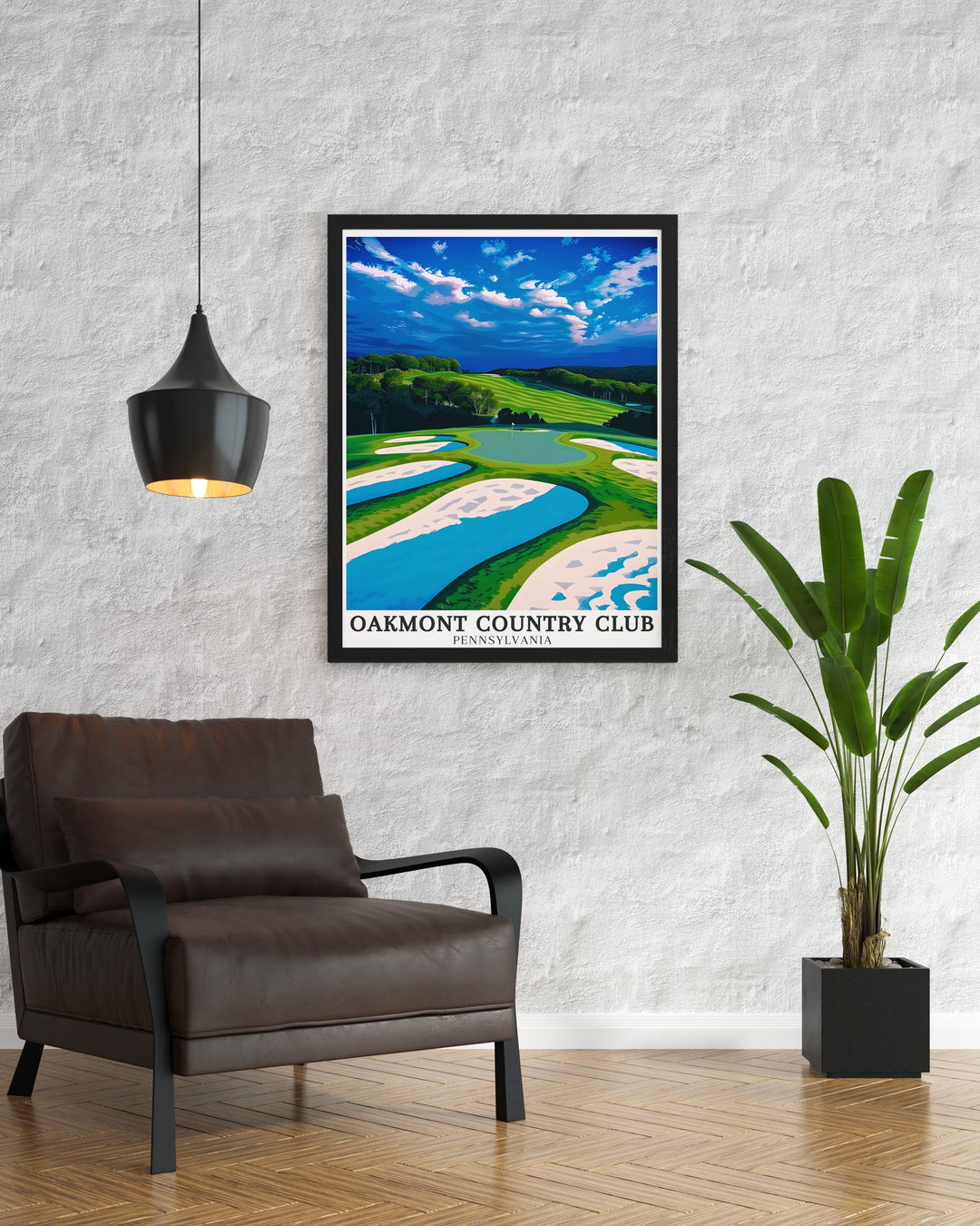 Oakmont Country Club travel art featuring the iconic Church Pew Bunker and Par 3 hole is a stunning piece of wall art that brings the beauty of Pennsylvania golf courses into your home perfect for decorating a modern living room or a classic study