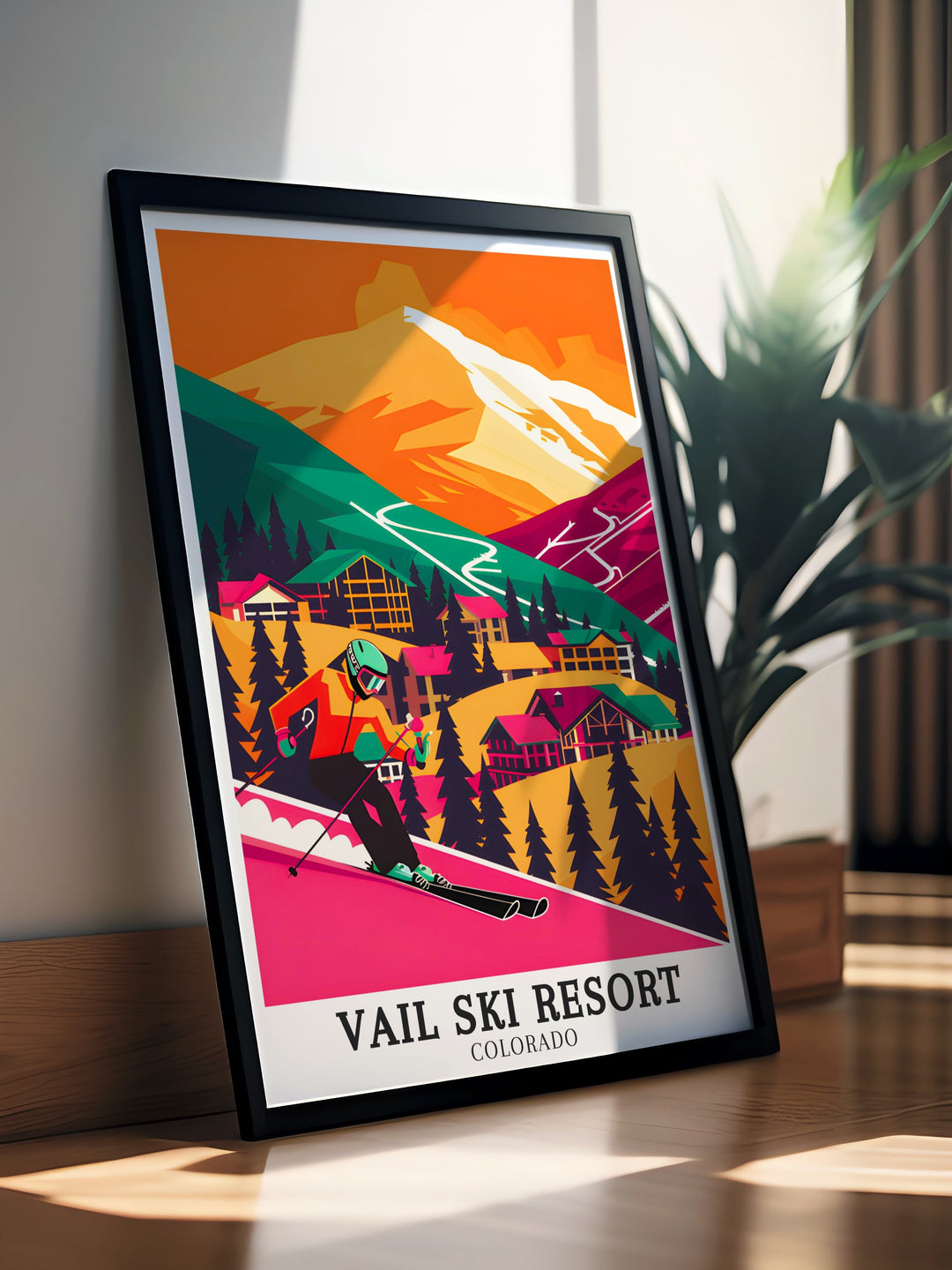 Experience the beauty of Colorados Vail Ski Resort with this vibrant travel print. Showcasing the iconic Birds of Prey course and the Golden Peak Terrain Park, this artwork is perfect for anyone who loves skiing and snowboarding. Great for home decor or as a travel gift.