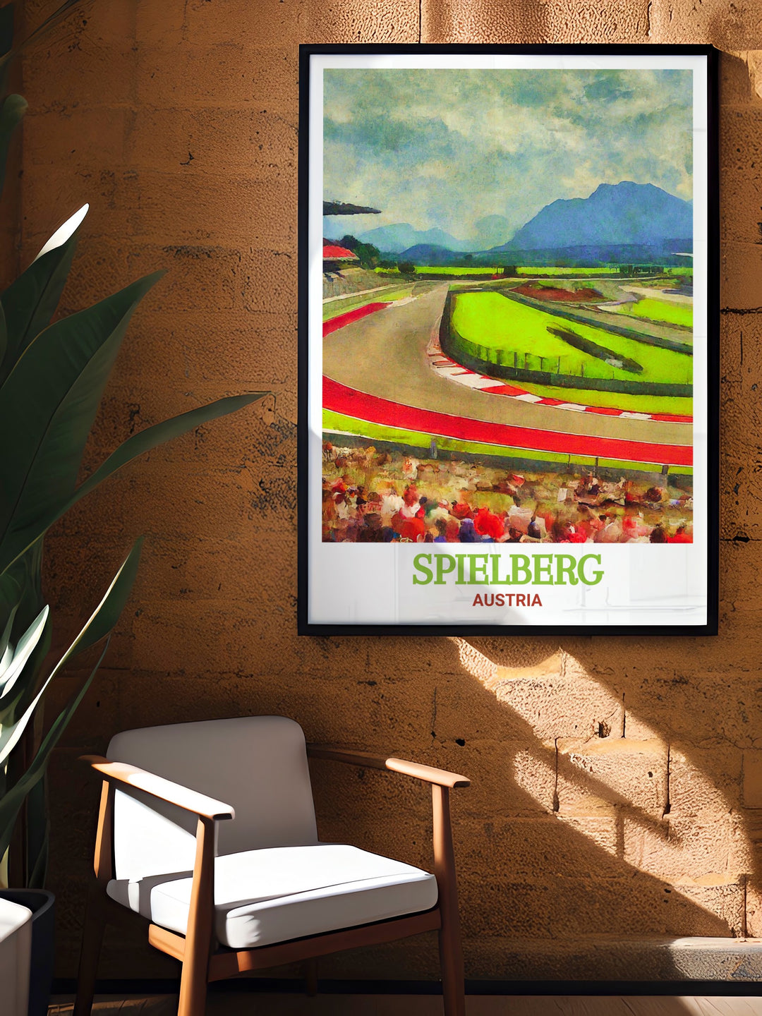 Elegant travel print of the Red Bull Ring in Spielberg, Austria, designed to celebrate the legacy of Austrian motorsport. This artwork is a fantastic choice for those who admire the precision and adrenaline of racing, offering a striking visual for any room.