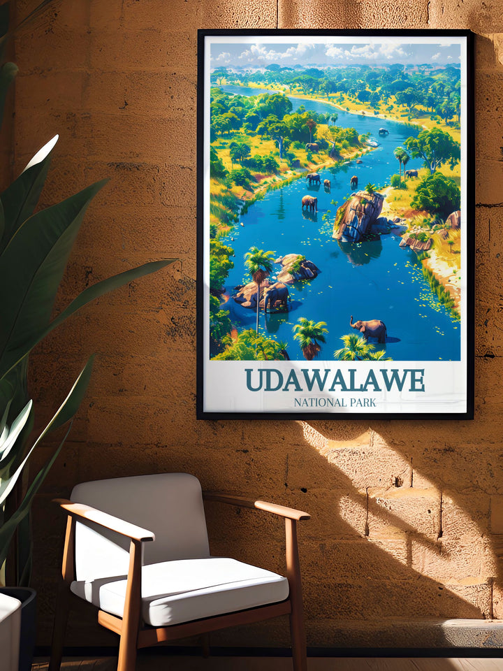Elegant National Park Print featuring Udawalawe Reservoir Walawe River perfect for enhancing any room with the beauty and tranquility of Sri Lankas natural landscapes ideal for home decor or as a special gift.