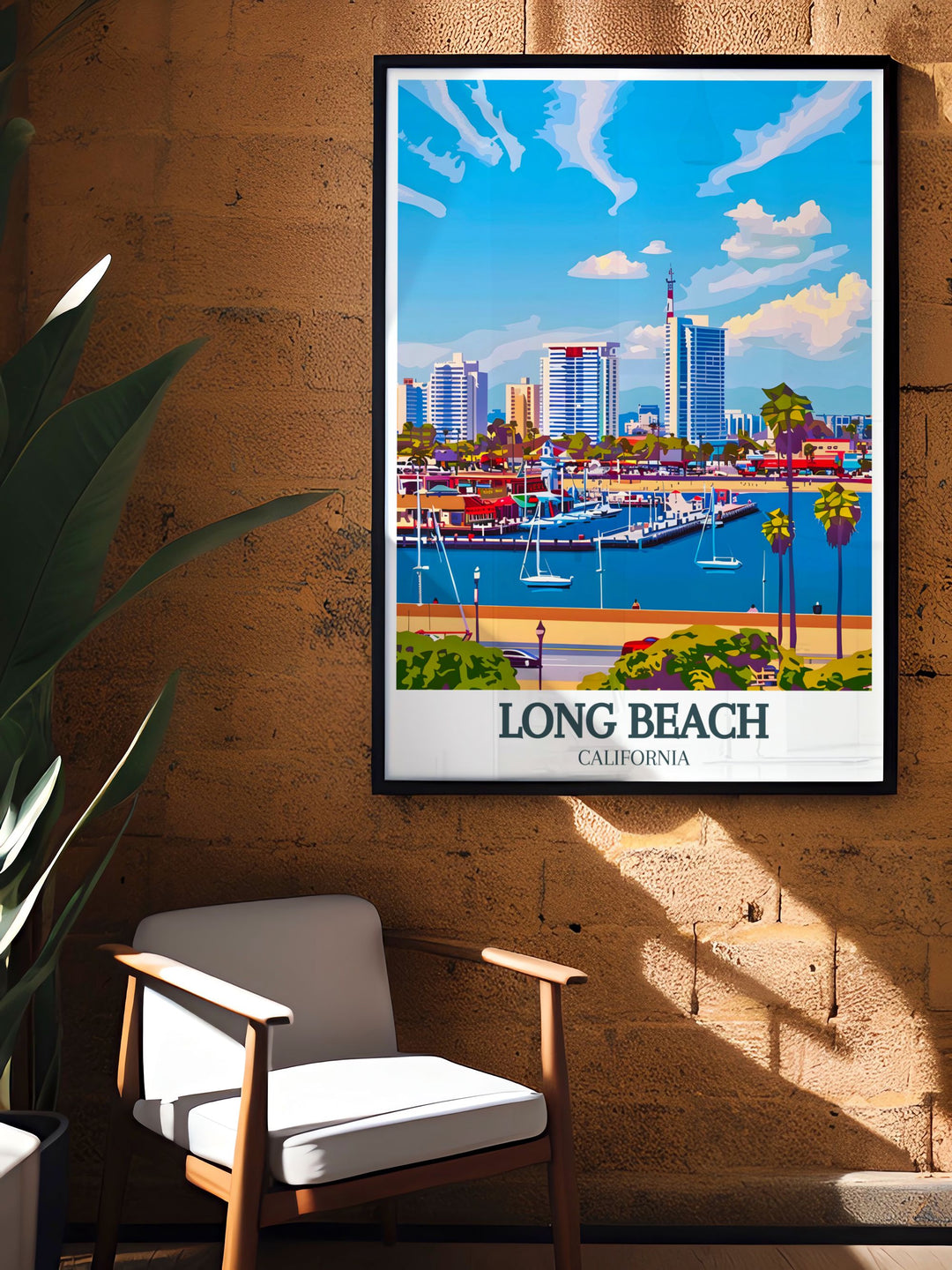 Experience the charm of Belmont Shore Long Beach Downtown with this unique art print. The vintage inspired travel poster features the Long Beach skyline and offers a personalized gift option, perfect for birthdays or housewarmings with its timeless California style.