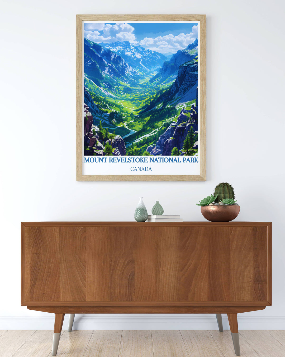 Meadows in the Sky Parkway artwork captures the stunning vistas of Canadas Rockies. This print features Banff National Park and Mount Revelstoke, offering a stylish and nostalgic addition to your decor with its elegant retro travel poster design.