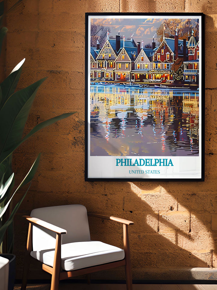 Explore the rich history of Boathouse Row with this travel poster, illustrating the mid 19th century boathouses and their significance in Philadelphias rowing tradition.