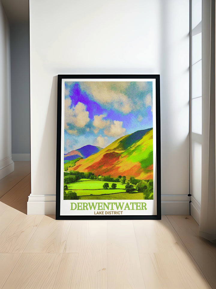 This Lake District Travel Poster showcases the breathtaking view of Derwentwater with the towering Catbells in the background. A perfect addition to your art collection or home decor.