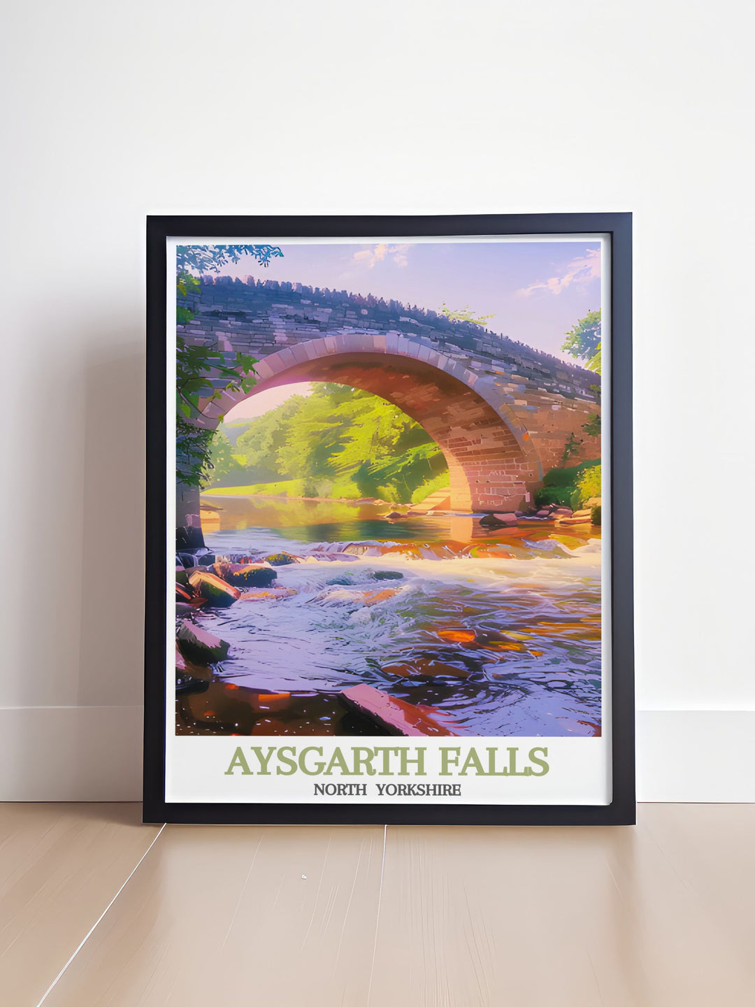 Aysgarth Bridge travel poster showcasing the iconic bridge in the Yorkshire Dales a perfect gift for travelers and nature enthusiasts this print highlights the historic charm and natural beauty of North Yorkshire.