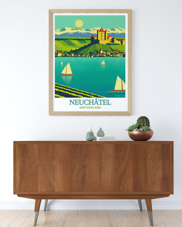 Bring French charm into your home with Lake Neuchatel modern prints. This France travel poster adds a serene touch to any room, offering elegant home decor that blends natural beauty with sophisticated design. Perfect for travel enthusiasts and art collectors.