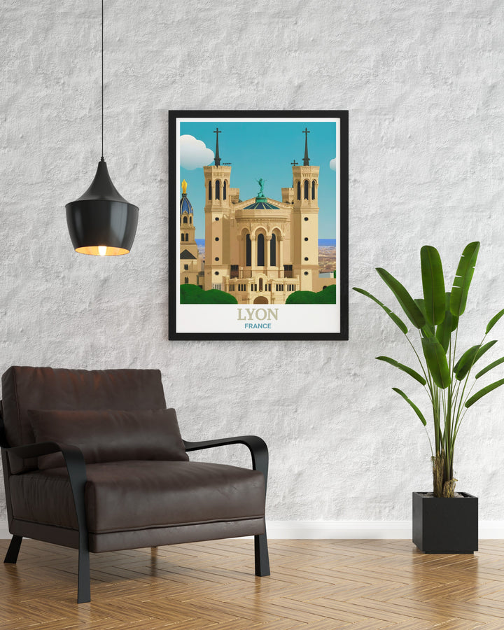 Lyon City Art showcasing the dynamic energy of the city with a focus on the Basilica of Notre Dame de Fourvière, blending modern and traditional elements in one captivating print.