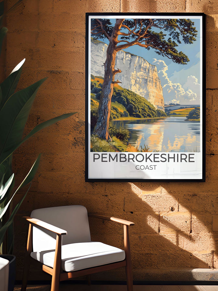 National Park Wales print featuring Stackpole Estate with detailed artwork capturing the natural beauty of the Pembrokeshire Coast perfect for home decor enthusiasts and those who appreciate the stunning landscapes of Wales