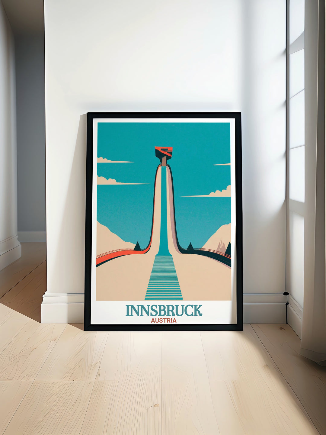 Showcasing Innsbrucks renowned Bergisel Ski Jump, this travel print is a beautiful tribute to Austrias natural beauty and sports culture. A great wall décor piece for any lover of skiing or Austrian landscapes.