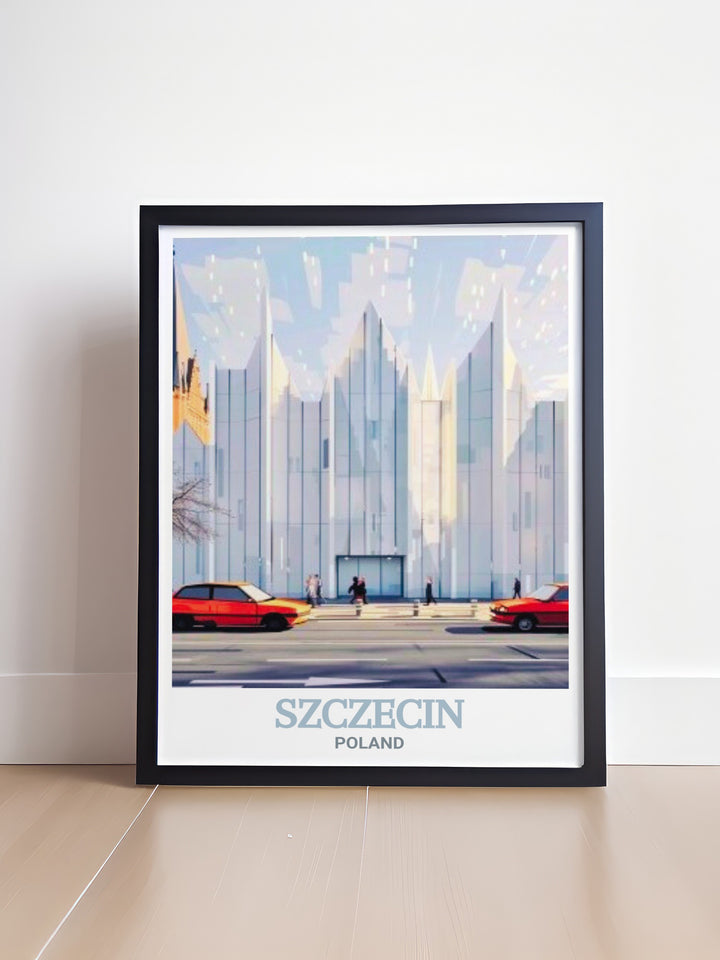 Travel art of the Szczecin Philharmonic in Poland. This detailed print showcases the striking facade and innovative architecture of the Philharmonic Hall, perfect for enhancing your home or office decor.