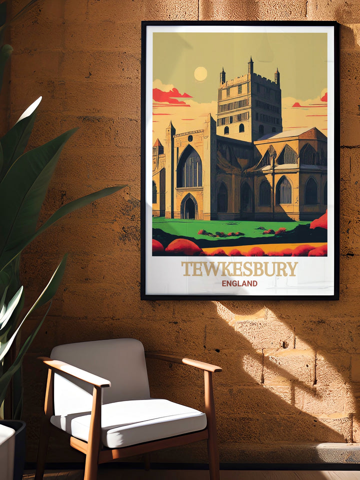 Tewkesbury Abbey artwork displaying a beautiful representation of Tewkesbury Abbey in a modern style ideal for adding elegance and historical charm to home decor or for giving as a special Uk art gift