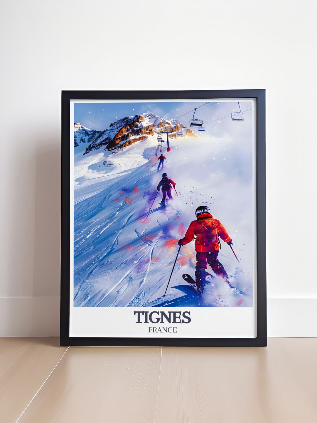 Our Travel Poster Art collection includes beautiful prints of the French alps showcasing the Grand Motte Glacier and Espace Killy region perfect for modern decor and elegant living room settings