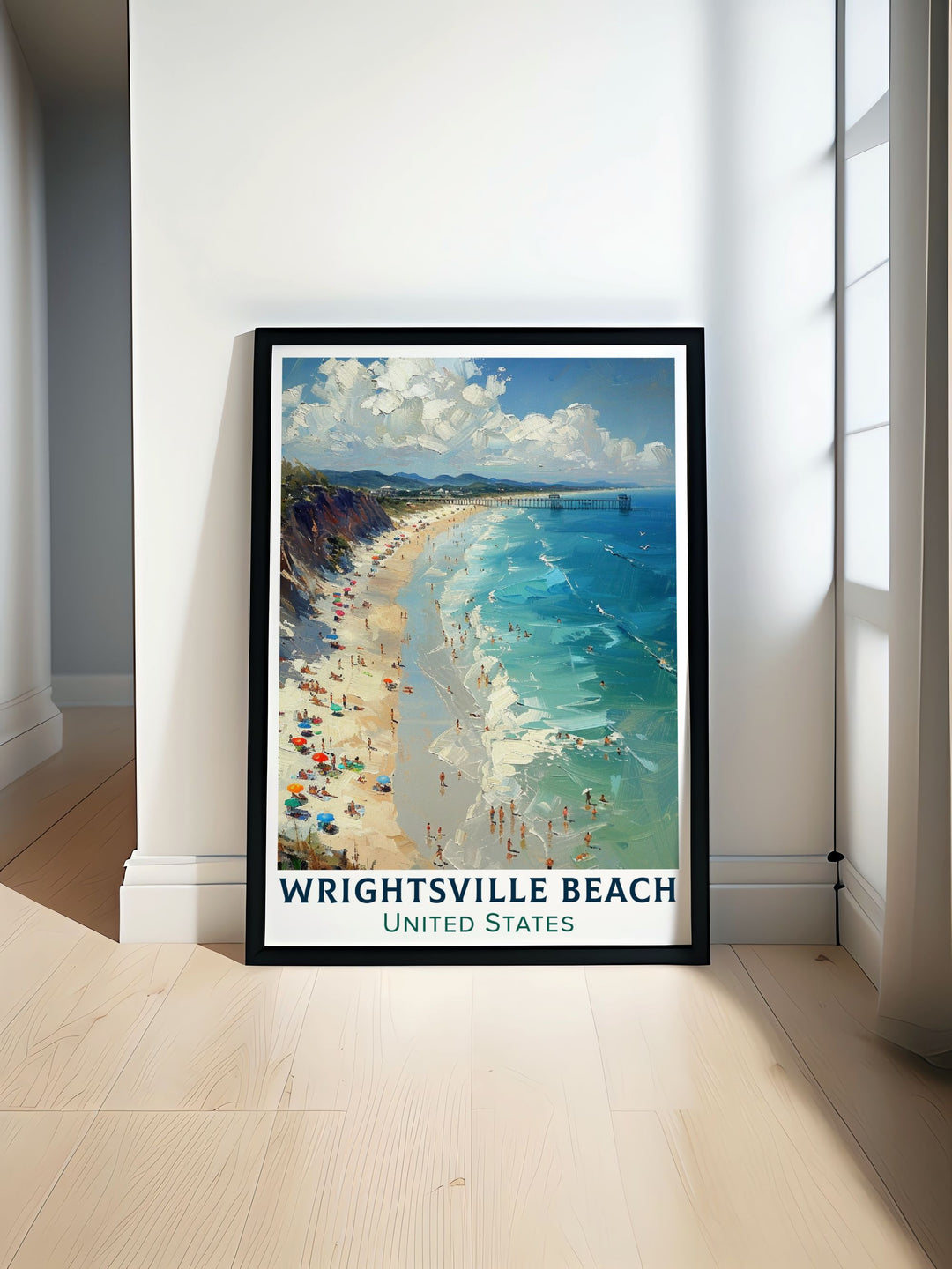 Detailed fine art print capturing the serene beauty of Wrightsville Beach, North Carolina. The vibrant colors and intricate details showcase the pristine shoreline, inviting viewers to experience the tranquility and charm of this coastal gem, perfect for beach lovers and art enthusiasts.