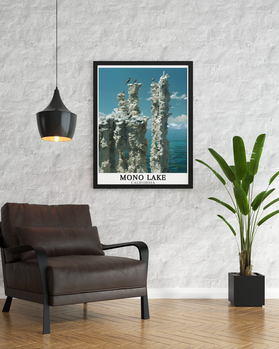 Mono Lake Print showcasing Tufa towers with the backdrop of the Sierra Nevada Mountains. This elegant artwork adds a touch of California decor to any space making it a unique gift for nature lovers and those who appreciate stunning landscapes.