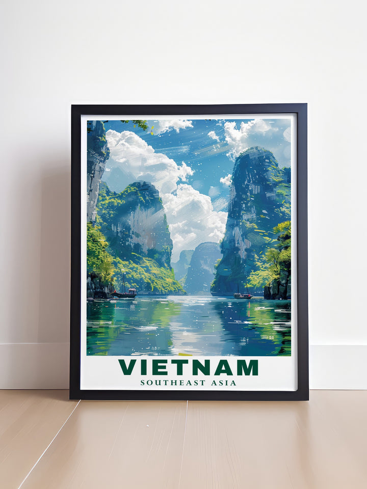 A Vietnam Poster featuring the tranquil waters and towering limestone pillars of Ha Long Bay. This vibrant art print is ideal for anyone looking to add a touch of natural beauty to their home or office decor.