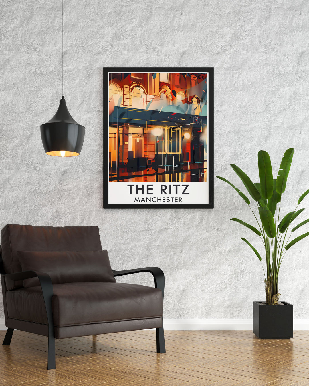 This art deco travel poster highlights The Ritz Manchesters exterior facade, showcasing its stunning architecture and musical legacy. A perfect addition to any home, this vintage style print is great for those who love music venues and historic buildings.