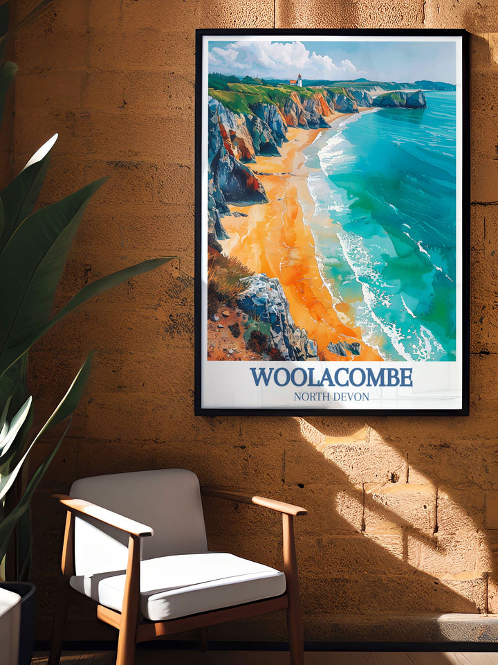 Woolacombe Beach Bullpoint Lighthouse perfect wall décor featuring stunning coastal scenery of Devon ideal for creating a serene and elegant ambiance in any room a thoughtful gift for travelers and art enthusiasts