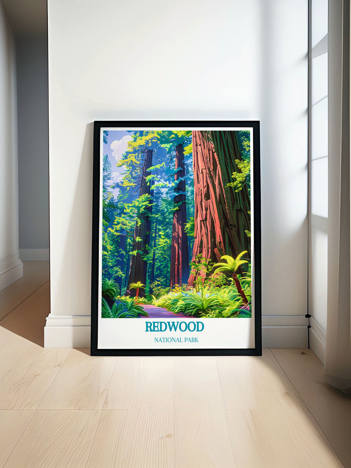 Grove of the Titans modern print showcasing the towering redwoods of California perfect for elegant home decor and nature themed gifts