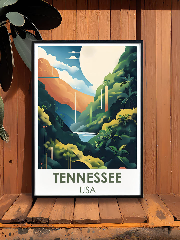 Nashville Poster highlighting the Ryman Auditorium and the breathtaking views of Great Smoky Mountains National Park. This artwork is perfect for anyone who loves the vibrant culture of Music City and the serene beauty of nature.