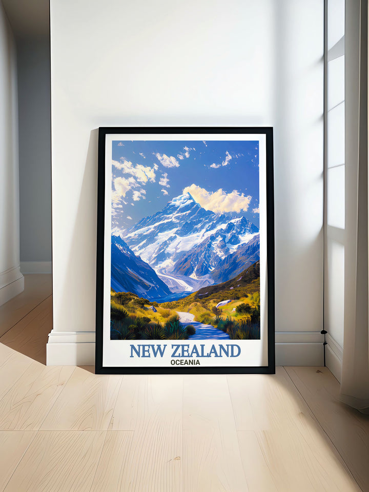 Beautiful New Zealand poster print featuring the iconic Mount Cook and Akaroa Lighthouse ideal for enhancing your home decor with stunning views of New Zealands natural wonders perfect for lovers of vintage travel prints and national park landscapes.