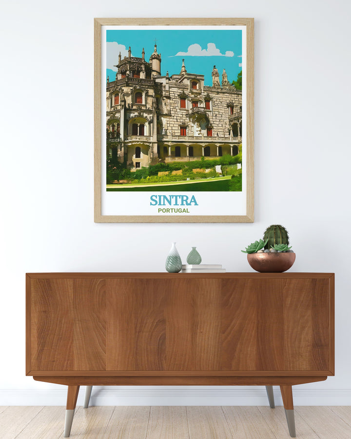 This Portugal travel print featuring Quinta da Regaleira is a beautiful representation of one of Sintras most famous landmarks. The artworks vibrant colors and intricate details make it a standout addition to any art or travel lovers home.