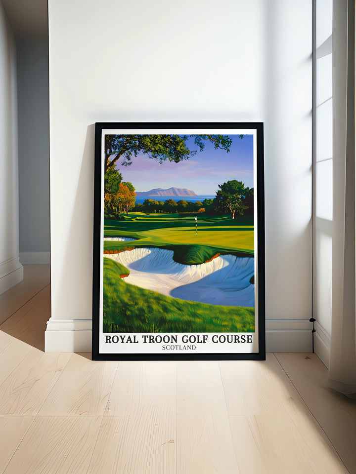 Royal Troon golf course print showcasing the famous Postage Stamp hole and Isle of Arran perfect for golf enthusiasts and home decor this golf artwork celebrates the natural beauty of the Scottish Highlands and honors the history of open golf tournaments.