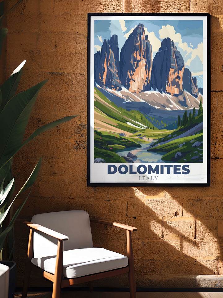 Elegant Tre di Lavaredi Artwork featuring the dramatic beauty of the Italy mountains. This Italy travel print is a wonderful addition to your home decor. Celebrate the natural splendor of the Dolomites Italy with this stunning wall art.