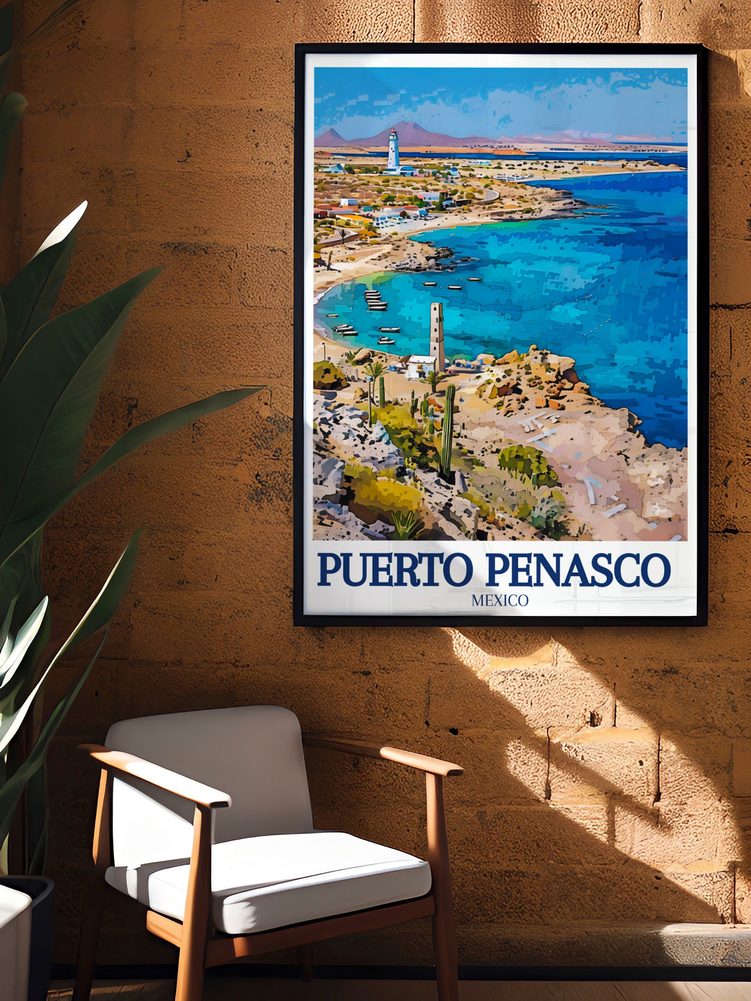 Celebrate the beauty of Puerto Peñascos coastlines with this stunning travel print. Featuring Cholla Bay and Rocky Bay, this poster print brings a vibrant display of Mexicos coastal landscapes to your walls, making it an ideal addition to any beach inspired décor.