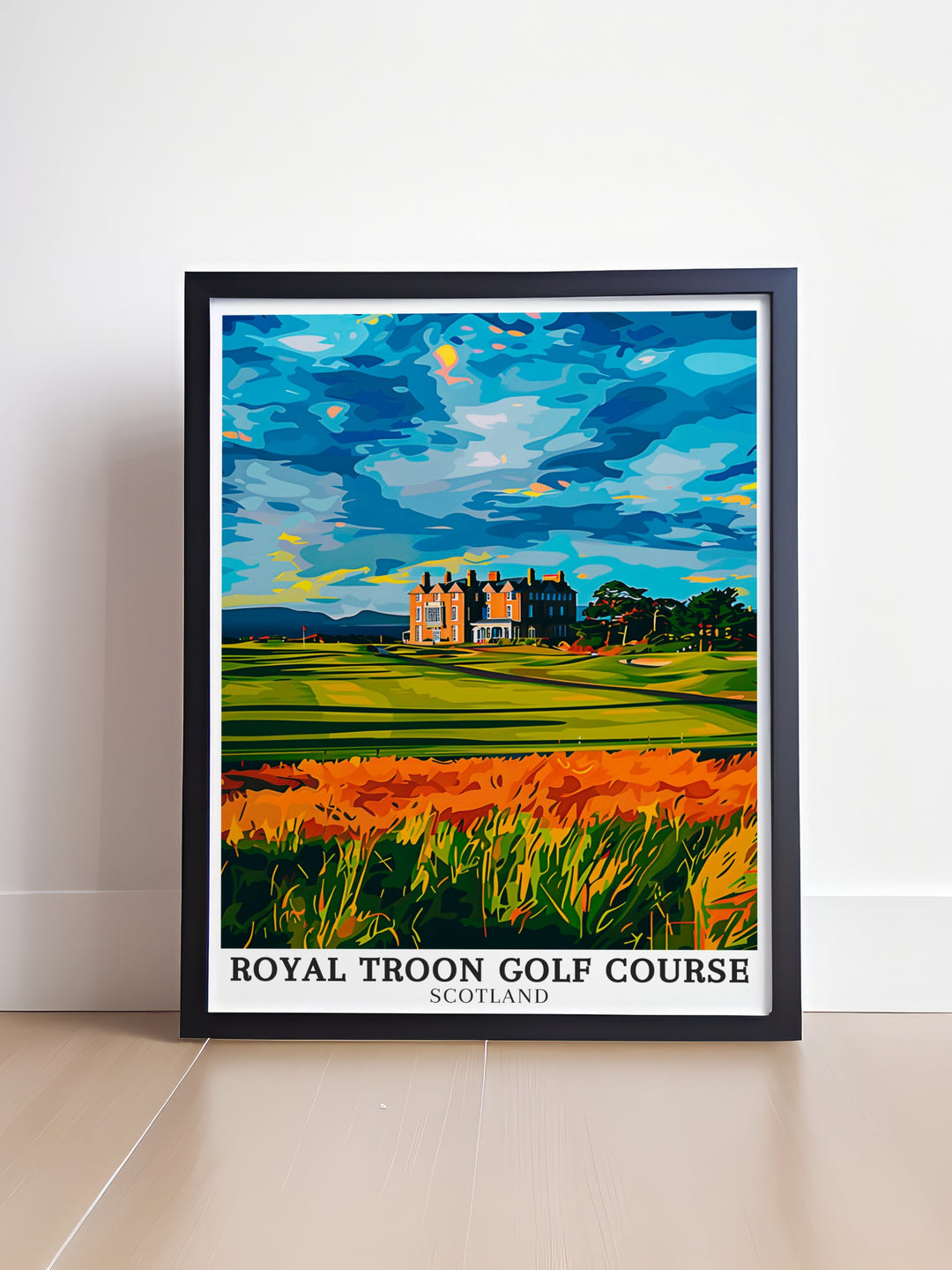 Stunning golf course print of Royal Troon with Marine Troon and Ayrshire coastline perfect for decorating your living room or golf club this artwork celebrates the open golf tournaments of Scotland including the rich history of Royal Dornoch and Augusta National