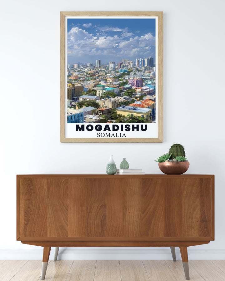 Featuring the majestic cityscape of Mogadishu, this poster celebrates the unique blend of history and modernity, inviting viewers to explore the citys iconic sites and vibrant culture.