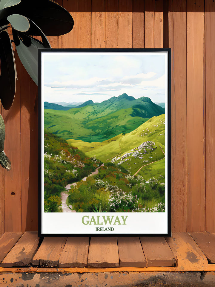 Travel art showcasing the beauty of Diamond Hill, highlighting the stunning vistas and rugged landscapes of Connemara.