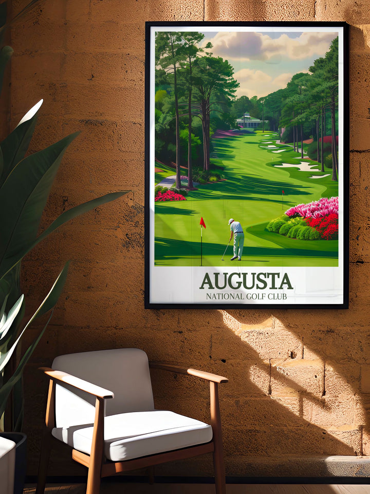 Augusta National travel poster print of Magnolia Lane Amen Corner perfect for creating a golf themed room or as a unique personalized gift for any occasion capturing the spirit of this legendary golf course