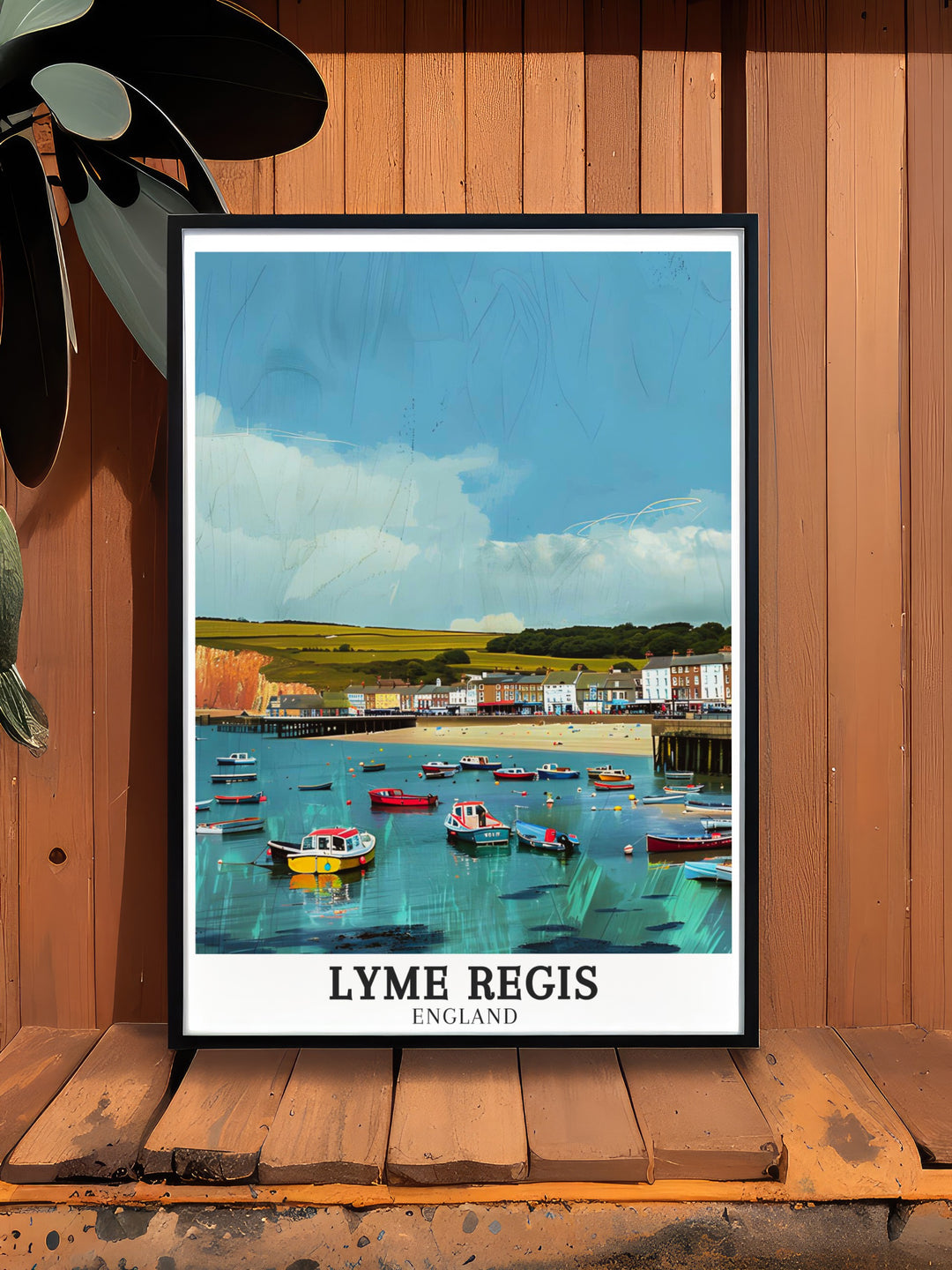 This Lyme Regis travel print captures the peaceful beauty of the Cobb and the dramatic cliffs of the Jurassic Coast. Ideal for lovers of the UKs coastal landscapes, this artwork brings the natural charm of Lyme Regis into your living space.