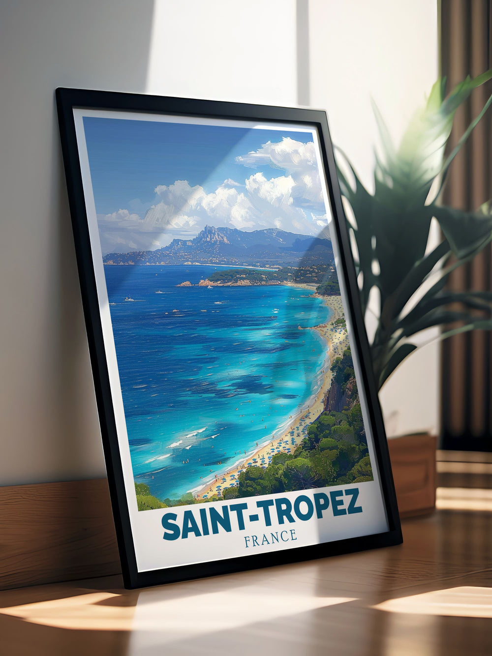 Beautiful St Tropez travel poster with Pampelonne beach prints ideal for home decor or gifts. Enjoy the elegance of French Riviera wall art capturing the charm of Pampelonne beach and the iconic Mediterranean town. Perfect for contemporary home decor.