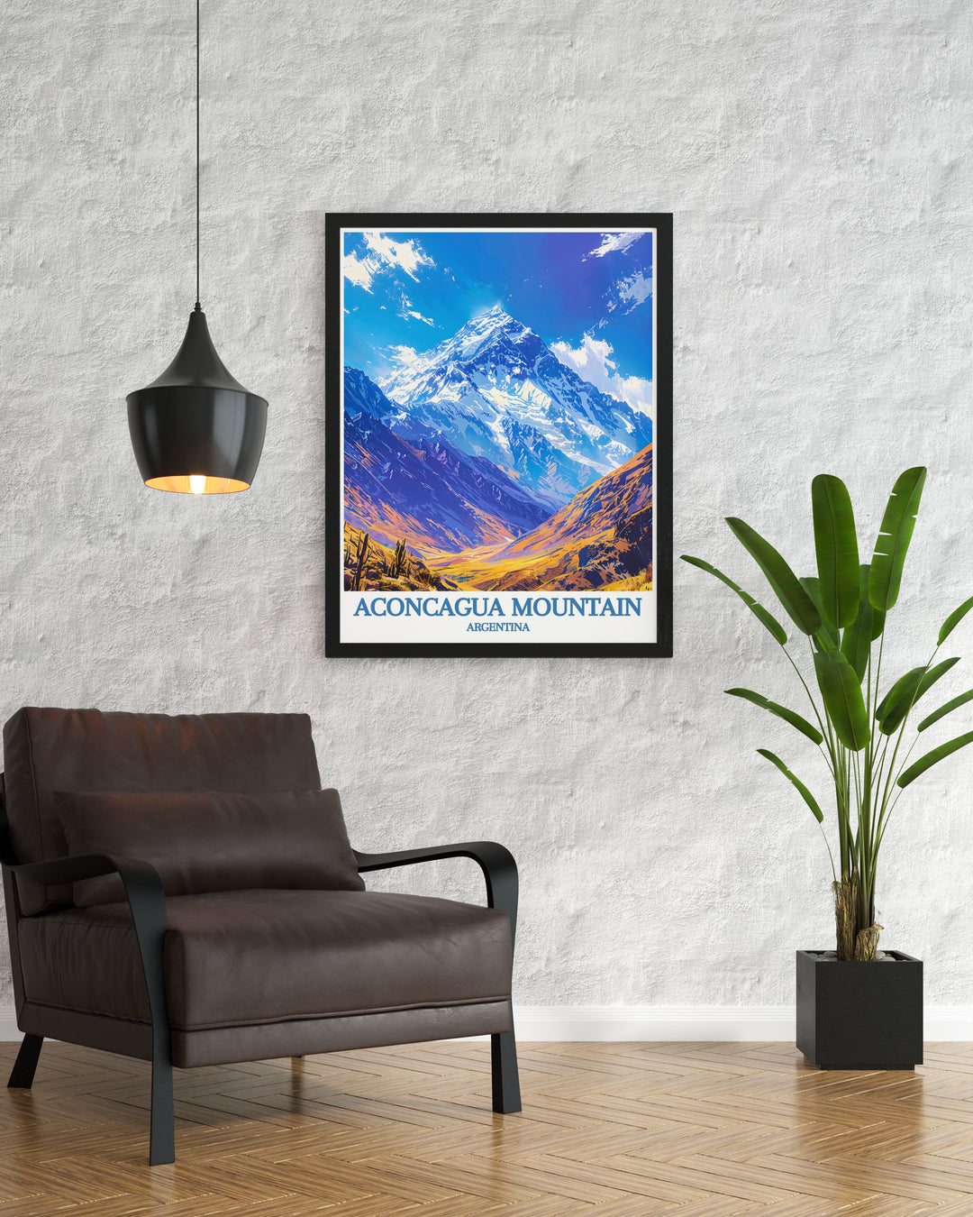 Aconcagua Mountain is featured in this Seven Summits Art collection piece celebrating the tallest mountains including the breathtaking Andes in a vintage travel print style.