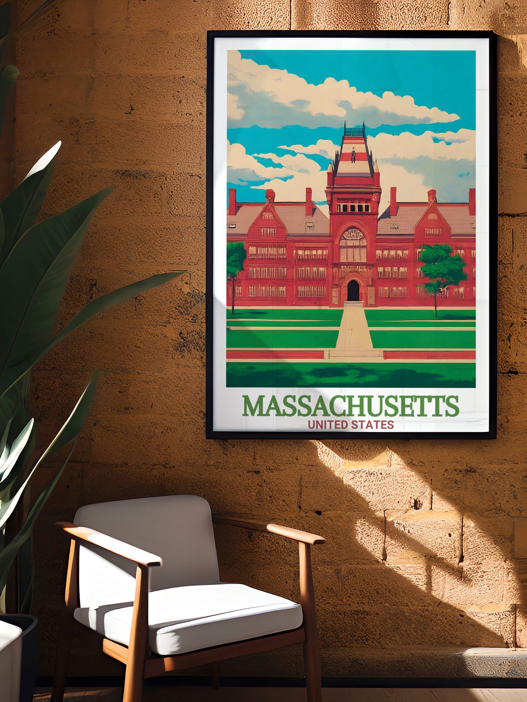 Massachusetts Travel Poster features detailed illustrations of Harvard University and Springfield, highlighting the cultural and architectural beauty of these landmarks. This poster is ideal for anyone who appreciates the history and charm of Massachusetts, perfect for any room.