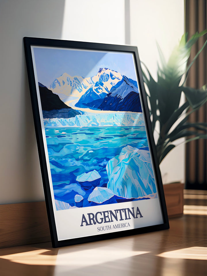 Modern art print of Perito Moreno Glacier, Los Glaciares National Park capturing the dynamic and awe inspiring scenery. This Argentina decor piece is perfect for contemporary spaces and art enthusiasts who love nature.