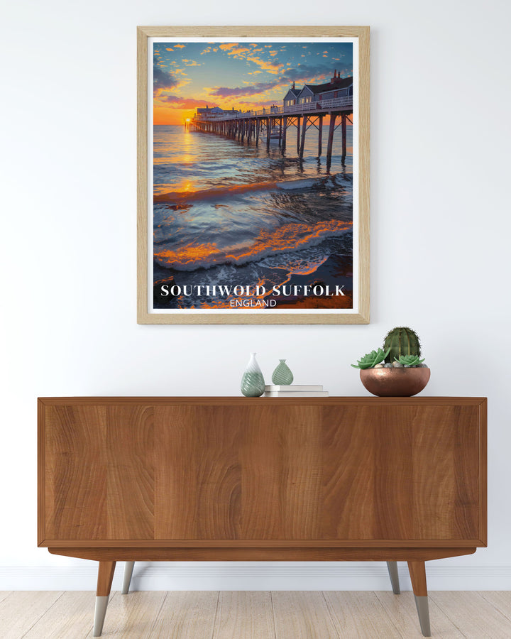 Retro Seaside Poster depicting the Southwold Lighthouse and vibrant beach huts with the Pier in the background a perfect choice for those who appreciate UK travel prints and coastal artwork ideal for adding a nostalgic touch to your home decor