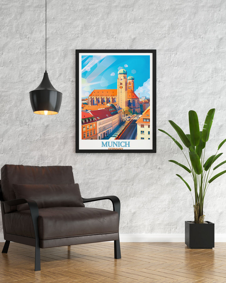 This Munich Travel Print highlights the iconic Frauenkirche and the vibrant energy of the city. Perfect for anyone who loves travel and culture, this print is a wonderful addition to any space, celebrating Germanys architectural legacy.