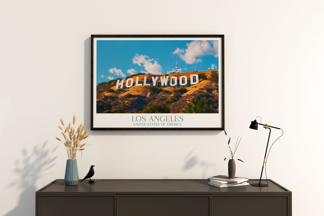 Los Angeles Poster with a stunning depiction of the Hollywood Sign and city skyline. Perfect for adding a touch of California charm to your living space or as a memorable travel gift.