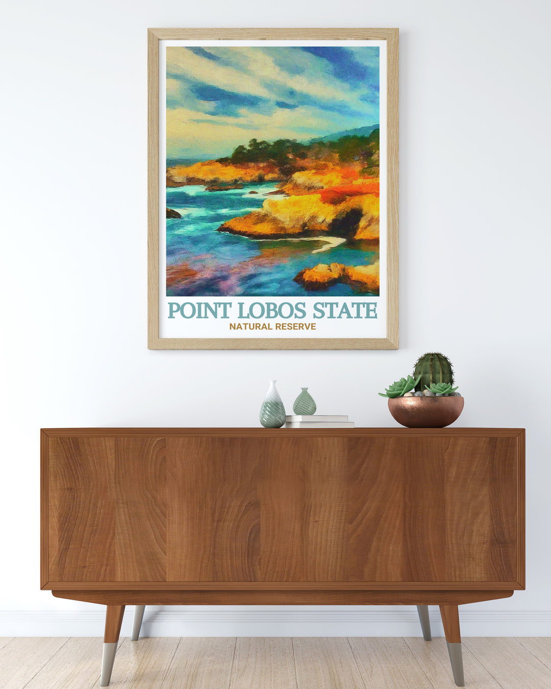 Framed art of China Cove, depicting the stunning interplay of light and shadow on the waters and cliffs of Point Lobos State Natural Reserve. This artwork is ideal for anyone who appreciates the peaceful beauty of Californias coastal landscapes.