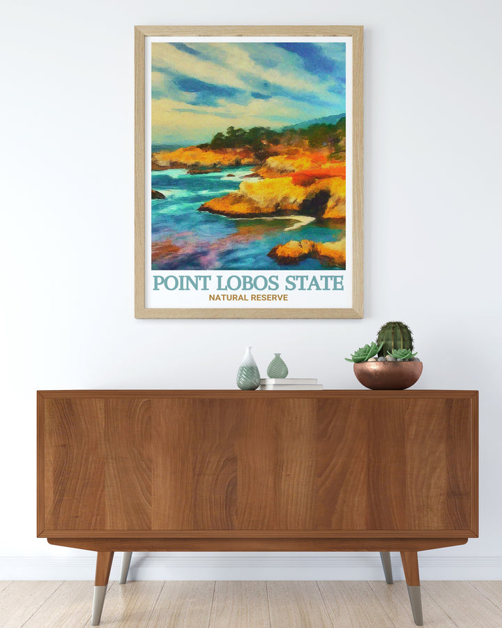 Framed art of China Cove, depicting the stunning interplay of light and shadow on the waters and cliffs of Point Lobos State Natural Reserve. This artwork is ideal for anyone who appreciates the peaceful beauty of Californias coastal landscapes.