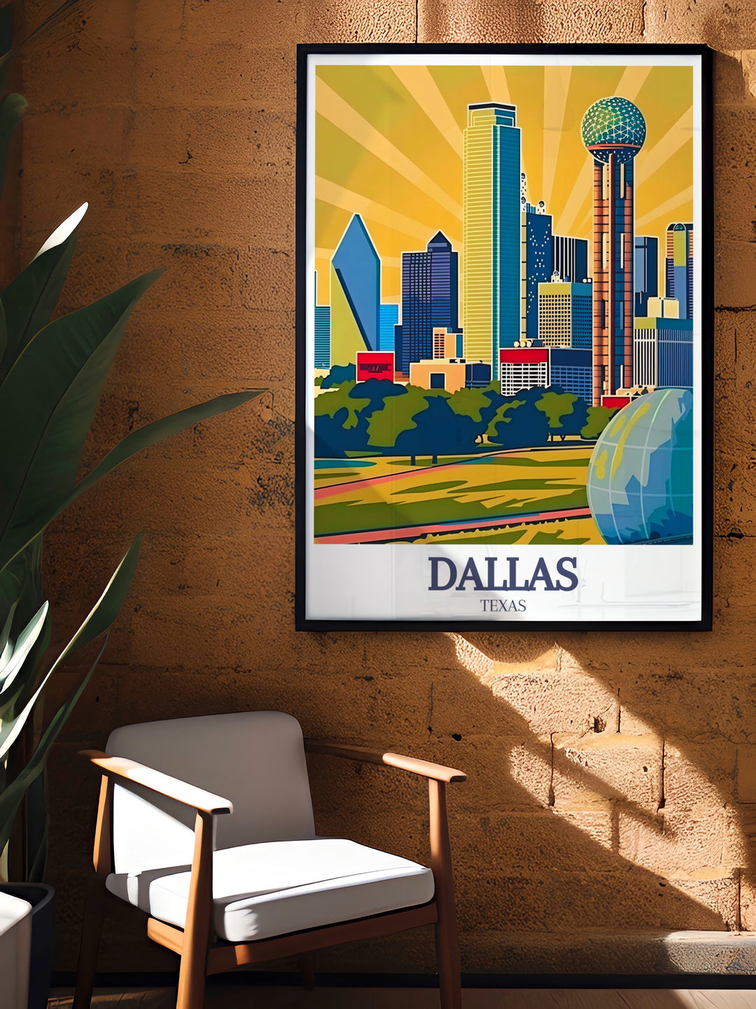 Reunion Tower Ball in the Air and the Dallas skyline are beautifully depicted in this modern art print Perfect for home decor this Dallas illustration brings a touch of Texas charm to any room while making a great gift for anyone with a love for Dallas