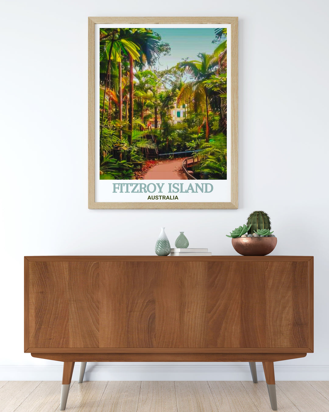 Secret Garden canvas art brings the tranquil beauty of Fitzroy Islands hidden rainforest trail into your home. This travel print showcases the lush greenery and quiet charm of the trail, ideal for anyone seeking to bring a piece of nature into their living space.