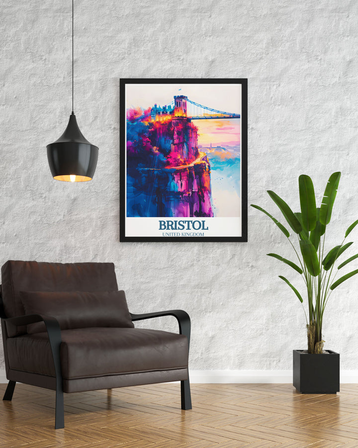 Bristol MTB Poster displaying the dynamic Nova Trail MTB and the iconic Clifton suspension bridge River Avon. Ideal for mountain biking fans and those who appreciate Bristols landmarks, this print enhances any home decor with its vibrant energy.