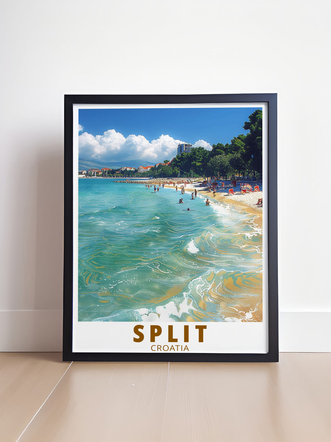 This Split Framed Art Print beautifully captures the timeless charm of Bavice Beach and Croatias historic Split city. Perfect for art lovers and travel enthusiasts, this vintage poster adds a nostalgic touch to any home or office.