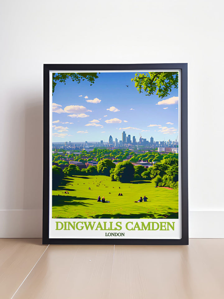 Featuring Primrose Hill, this art print showcases its tranquil beauty and panoramic views of London, making it perfect for those who appreciate serene landscapes.
