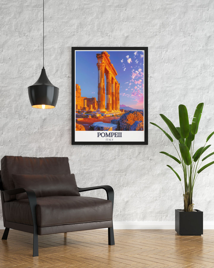 This Pompeii ruins print captures the Temple of Apollo with Doric Columns and Mount Vesuvius offering stunning prints for any art and collectibles collection.